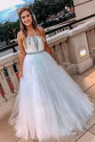 A Line Tulle Sparkly Beaded Formal Evening Dress Strapless Long Prom Dress