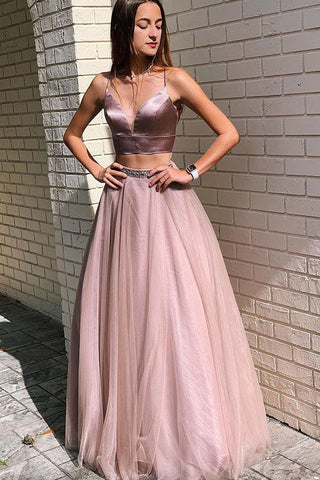 Pearl Pink Sexy Beading Spaghetti Straps A-Line Two Piece Tulle Prom Dress