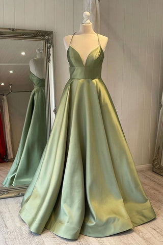 Green A Line Satin Simple Spaghetti Straps Long Prom Dress