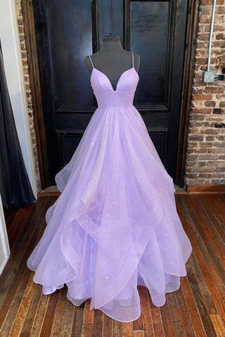 Shiny A-Line Lilac Spaghetti Straps Formal Evening Dress Long Prom Dress
