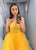 Yellow Ruffles Tulle Spaghetti Straps Evening Dress A Line Long Prom Dress