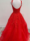 Red Lace A Line Tulle Formal Evening Dress Appliques Long Prom Dress
