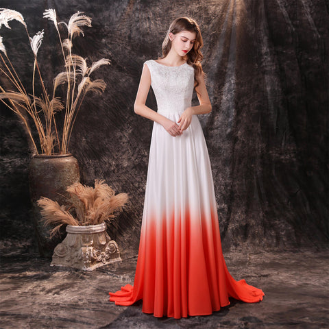 Bateau Color gradient Sleeveless Stain Train A-line Lace Evening Gowns 18-24451