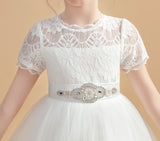 Tulle Beading Short Sleeves Ivory Flower Girl Dress FL0006