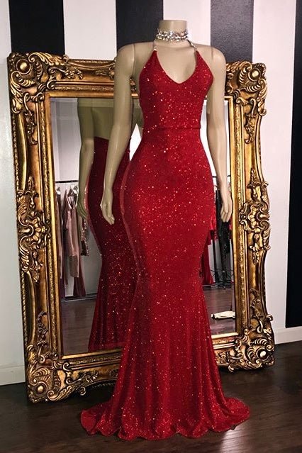 Red Seuqins Sleeveless Sheath Backless Mermaid Prom Dress PD0416