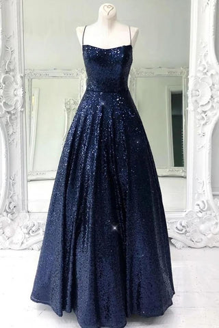 Stunning Sleeveless A Line Navy Blue Sequin Prom Dress