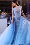 Sky Blue A-Line Scoop Tulle Applique Sleeveless Long Prom Dress