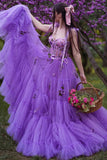 A Line Long Tulle Tahiti Layered Prom Dress With Flowers Evening Dress