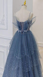 Blue Tulle A Line Spaghetti Straps Evening Party Dress Long Prom Dress