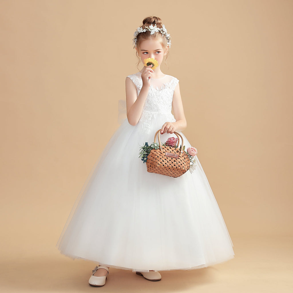 Long Tulle Sleeveless Ivory Flower Girl Dress With Bowknot FL0007