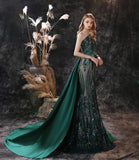 Single shoulder sleeve Mermaid  Lace Sequins Handmade Flowers Train Evening Gowns 17-29558