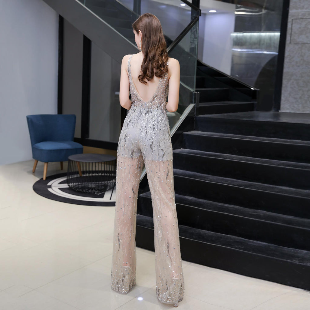 V back Sleeveless Sequins Lace Floor Length Embroidery Rompers