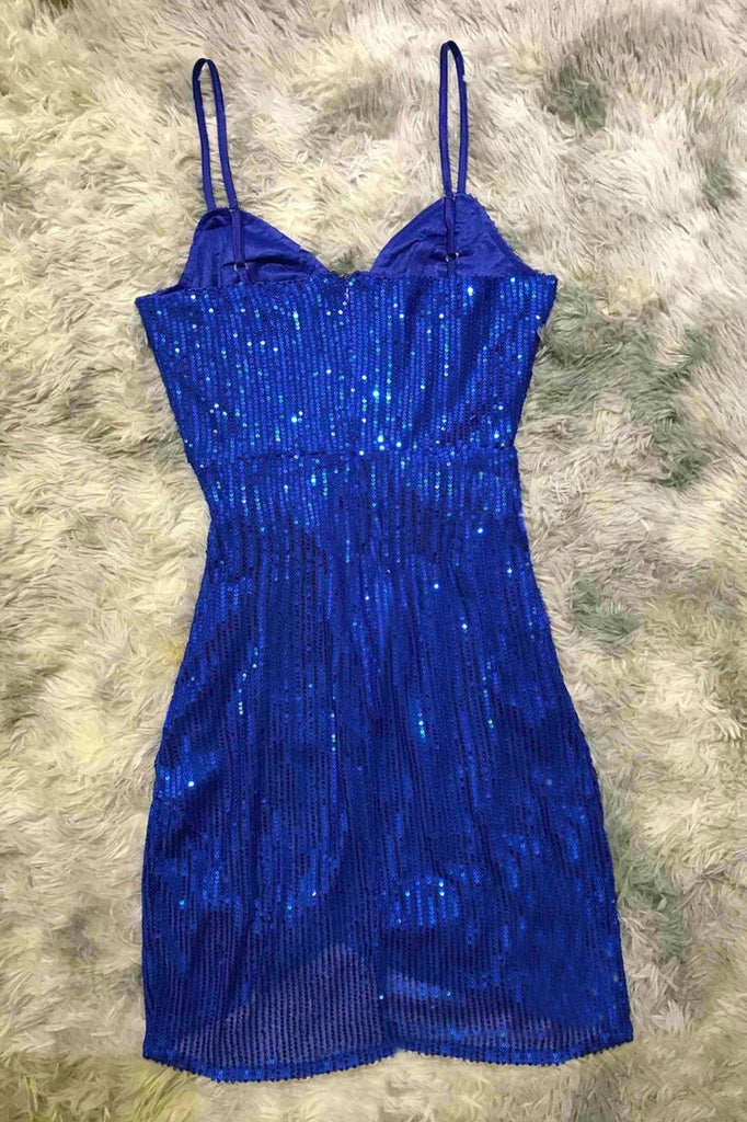 Sexy V-neck Blue Spaghetti Straps Sequins Homecoming Dresses Prom Dresses