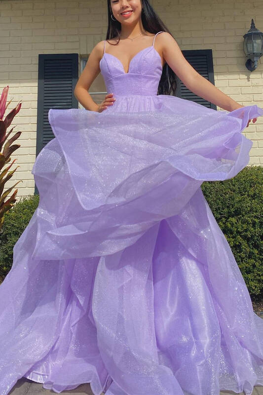 A Line Spaghetti Straps Long Princess Lavender Tiered Prom Dress