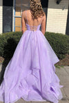 A Line Spaghetti Straps Long Princess Lavender Tiered Prom Dress