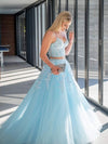 Light Blue Tulle Lace Appliques Two Pieces Formal A Line Evening Dress Long Prom Dress
