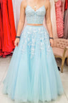 Light Blue Tulle Lace Appliques Two Pieces Formal A Line Evening Dress Long Prom Dress