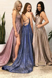 Sparkle Split A-Line Backless Evening Dress Long Prom Dress With Pockets