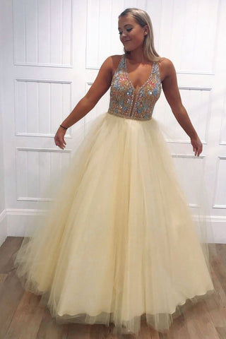 Simple V-Neck A-Line Daffodil Tulle Beads Formal Evening Dress Long Prom Dress