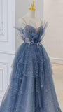 Blue Tulle A Line Spaghetti Straps Evening Party Dress Long Prom Dress