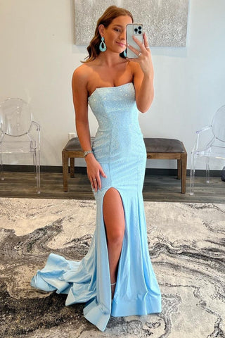 Light Blue Long Prom Dress Strapless Sequins Mermaid Evening Gown With Split