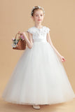 Round Neck Short Sleeves Satin Flower Girl Dress With Lace Appliques FL0008