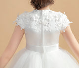 Round Neck Short Sleeves Satin Flower Girl Dress With Lace Appliques FL0008