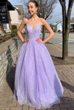 A-line Lilac Sparkle V-neck Spaghetti Straps Long Prom Dress