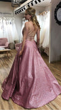 A-line Scoop Sparkle Spaghetti Straps Long Pink Prom Dress With Pockets