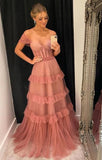 Beautiful A Line Long Party Dress Tulle Straps Formal Prom Gown
