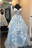 Sweetheart Open Back Elegant Light Blue A-Line Appliques Long Prom Dress