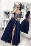 Lace Half Sleeves Split Dark Blue Unique Appliques Long Prom Dress