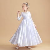 Long Sleeves Round Neck White Satin Flower Girl Dress With Bowknot FL0009