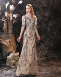 Bateau Ballon Sleeve Lace Sequins Handmade Flowers Floor-length Evening Gowns 17-41551