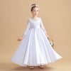 Long Sleeves Round Neck White Satin Flower Girl Dress With Bowknot FL0009