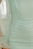 Beautiful Light Green Tulle One Shoulder Long Sleeves Homecoming Dress