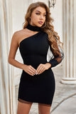 Black Tulle One shoulder Long Sleeves Short Homecoming Dress