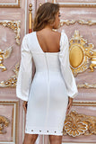 Asymmetrical White Long Sleeves Button Short Homecoming Dress