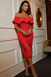 Red Cut-out Hem Tea Length Homecoming Dress With Ruffles