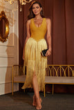Gold Sleeveless Fringe V-Back Short Homecoming Dress
