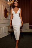 Elegant White V-Neck Sleeveless Empire Tea length Homecoming Dress