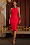 Sexy Red Halter Tight Mermaid Homecoming Dress With Ruffles