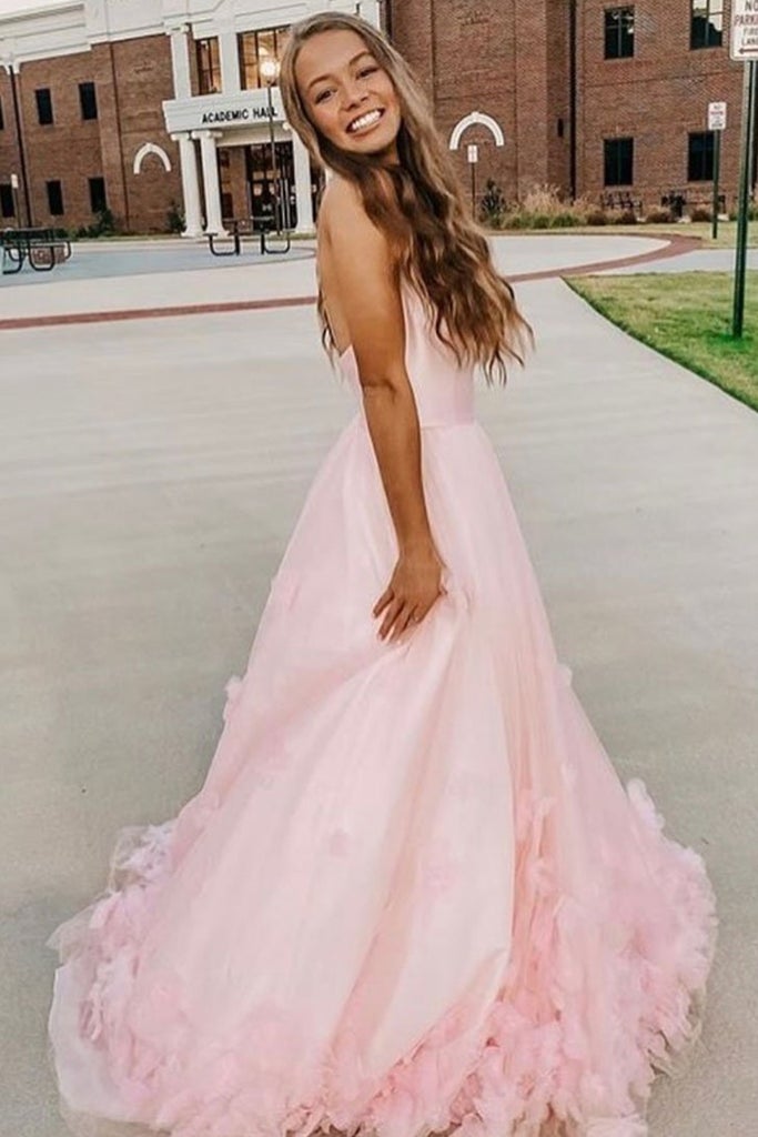 Pink 3D Flowers A Line Formal Evening Dress Tulle Long Prom Dress With Straps