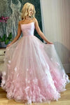 Pink 3D Flowers A Line Formal Evening Dress Tulle Long Prom Dress With Straps