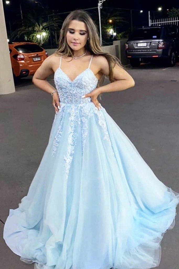 Light Blue A-Line V-Neck Lace Appliques Spaghrtti Straps Formal Evening Dress Long Prom Dress