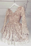 Light Coral A Line V Neck Long Sleeves Lace Homecoming Dress Cute Short Prom Dress