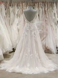 A Line Spaghetti Straps V Neck Beach Wedding Dress Appliqued Tulle Bridal Dress N2021