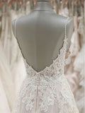 A Line Spaghetti Straps V Neck Beach Wedding Dress Appliqued Tulle Bridal Dress N2021