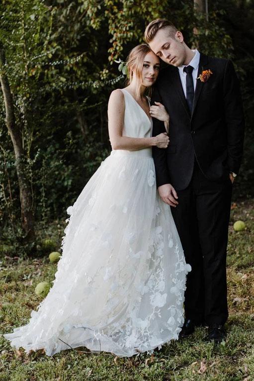 A Line V Neck Floor Length Wedding Dress, Ivory Sleeveless Bridal Dress N2357