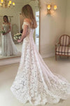 Off the Shoulder A Line Lace Wedding Dress, Long Beach Wedding Dresses